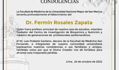Condolencias por la partida del Dr. Fermín Rosales Zapata, miembro fundador del Centro de Investigación de Bioquímica y Nutrición.