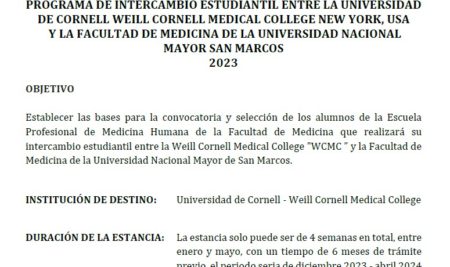 Convocatoria al Programa de Intercambio Estudiantil en la Universidad de Cornell – Weill Cornell Medical College 2023