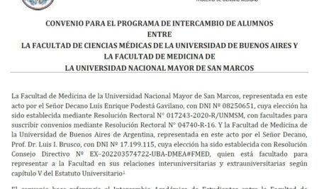 Convenio para el Programa de Intercambio de Alumnos con la Facultad de Ciencias Médicas de la Universidad de Buenos Aires
